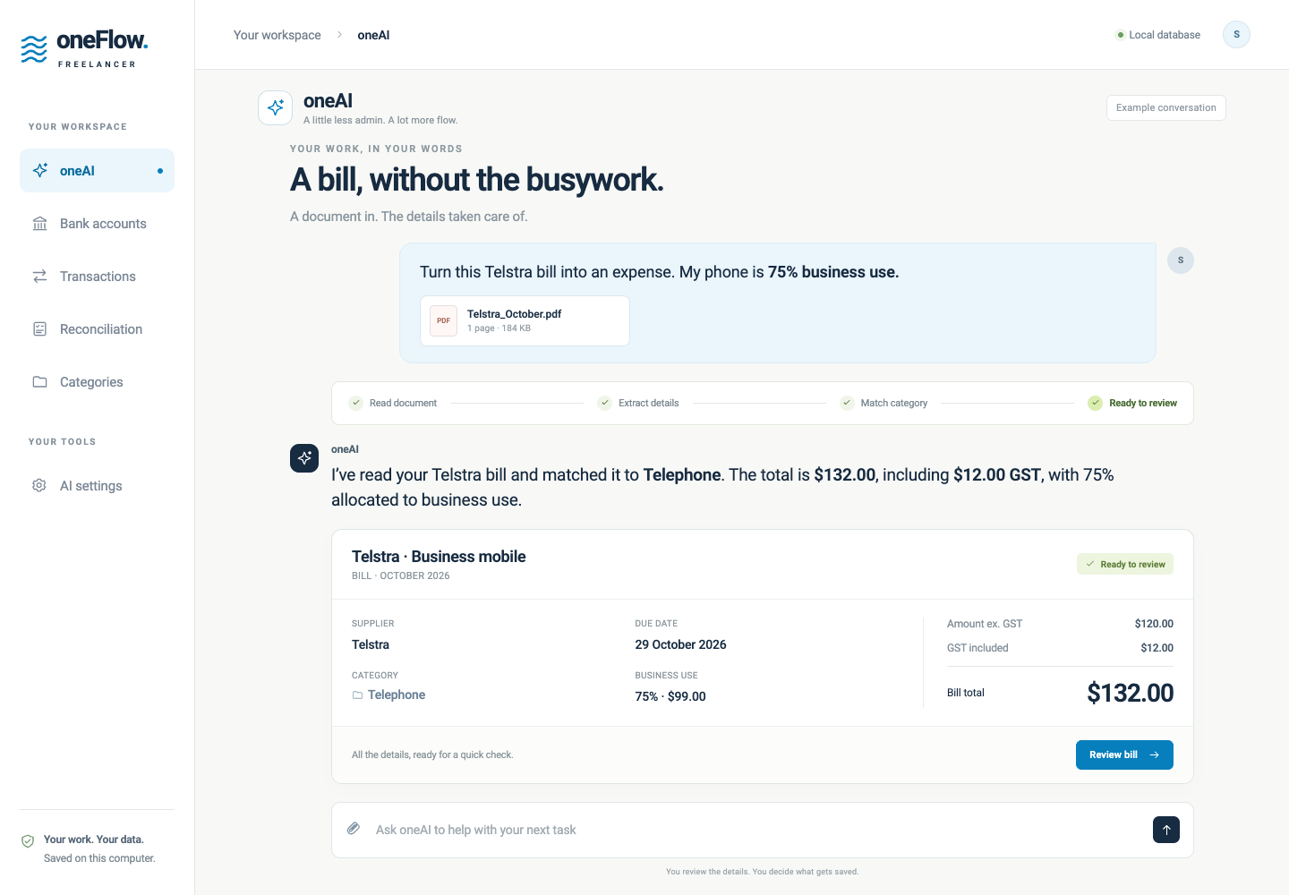 Example oneAI conversation: a Telstra bill progresses through reading, extracting details, matching the Telephone category and preparing a $132 bill for review.