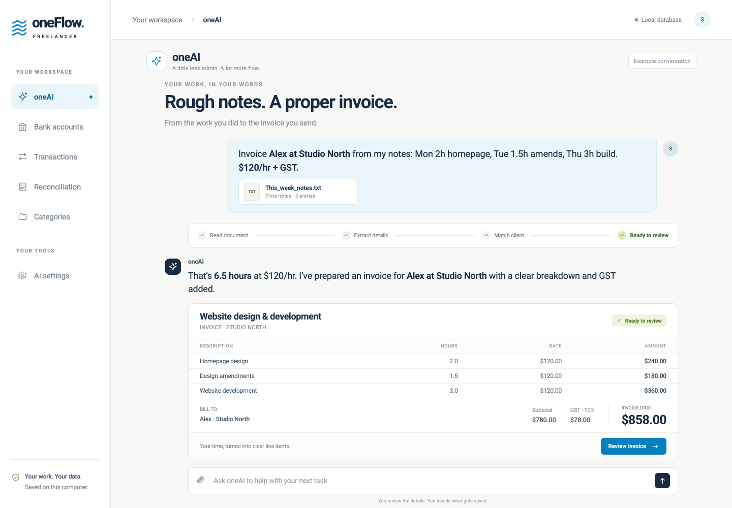 Example oneAI conversation turning 6.5 hours of rough notes at $120 per hour into a client invoice for $780 plus $78 GST.