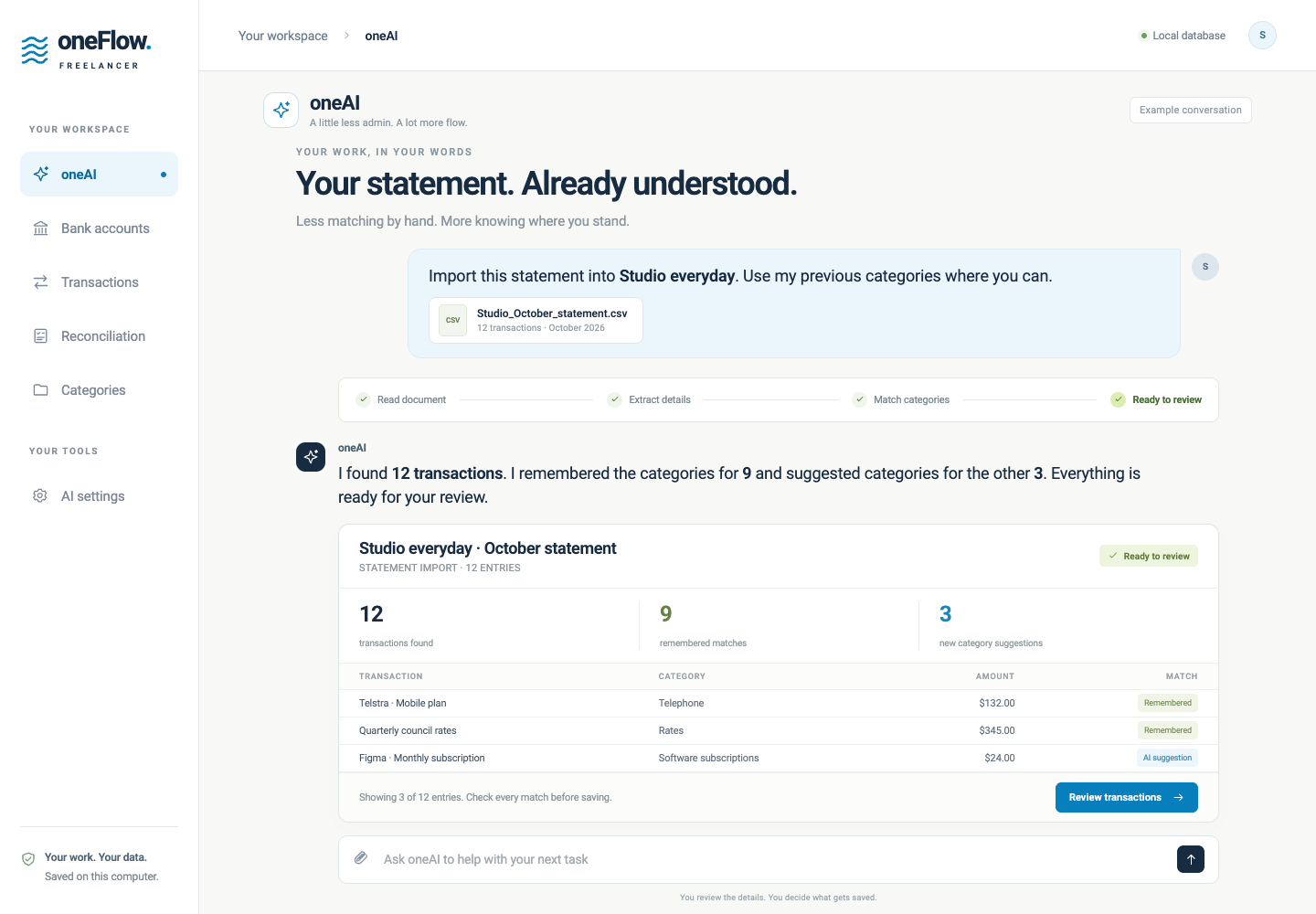 Example oneAI statement import with 12 entries, nine remembered category matches and three AI suggestions, ready for review.