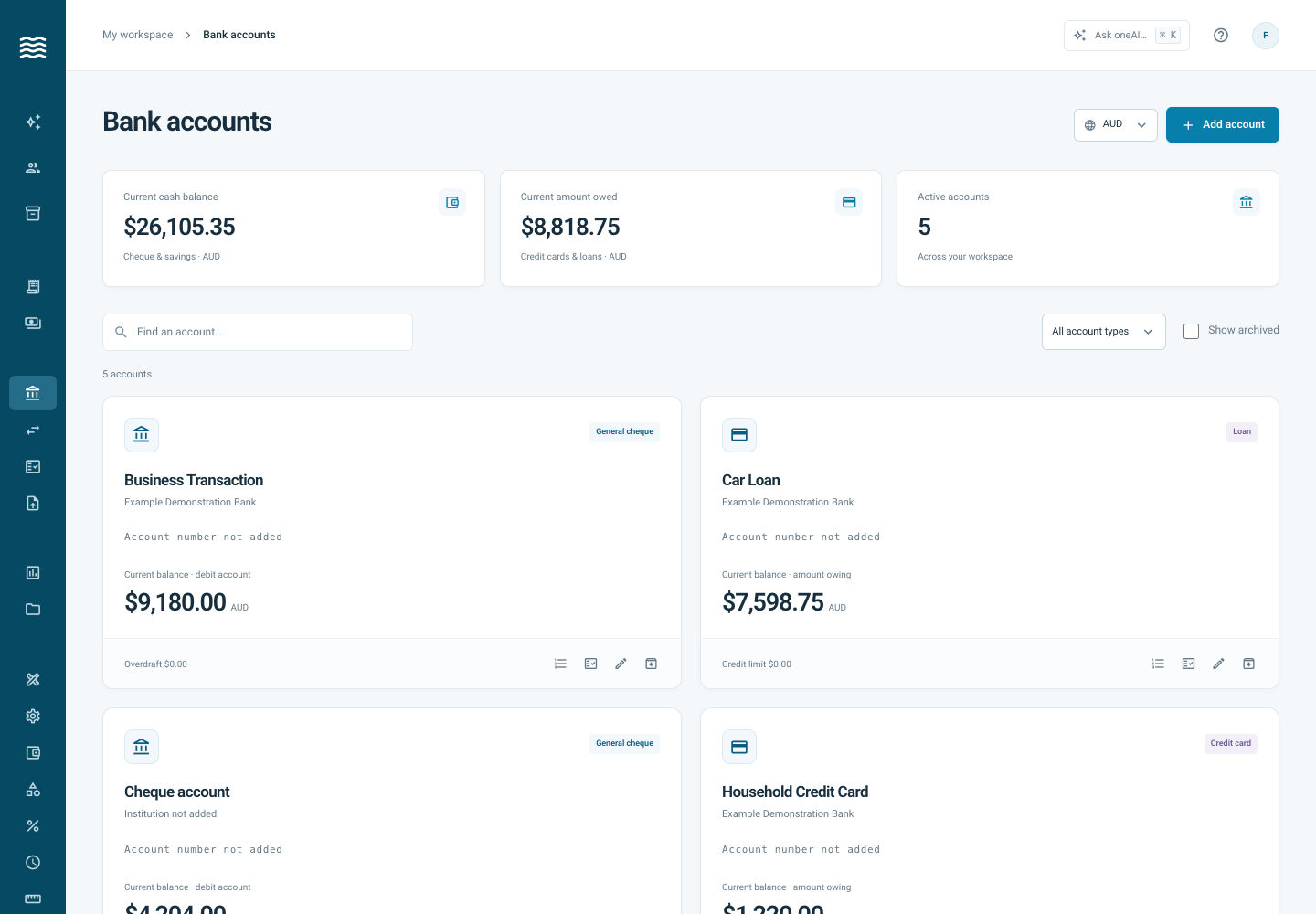 Actual oneFlow accounts overview with fictional household and business banking, savings, credit card and loan accounts.