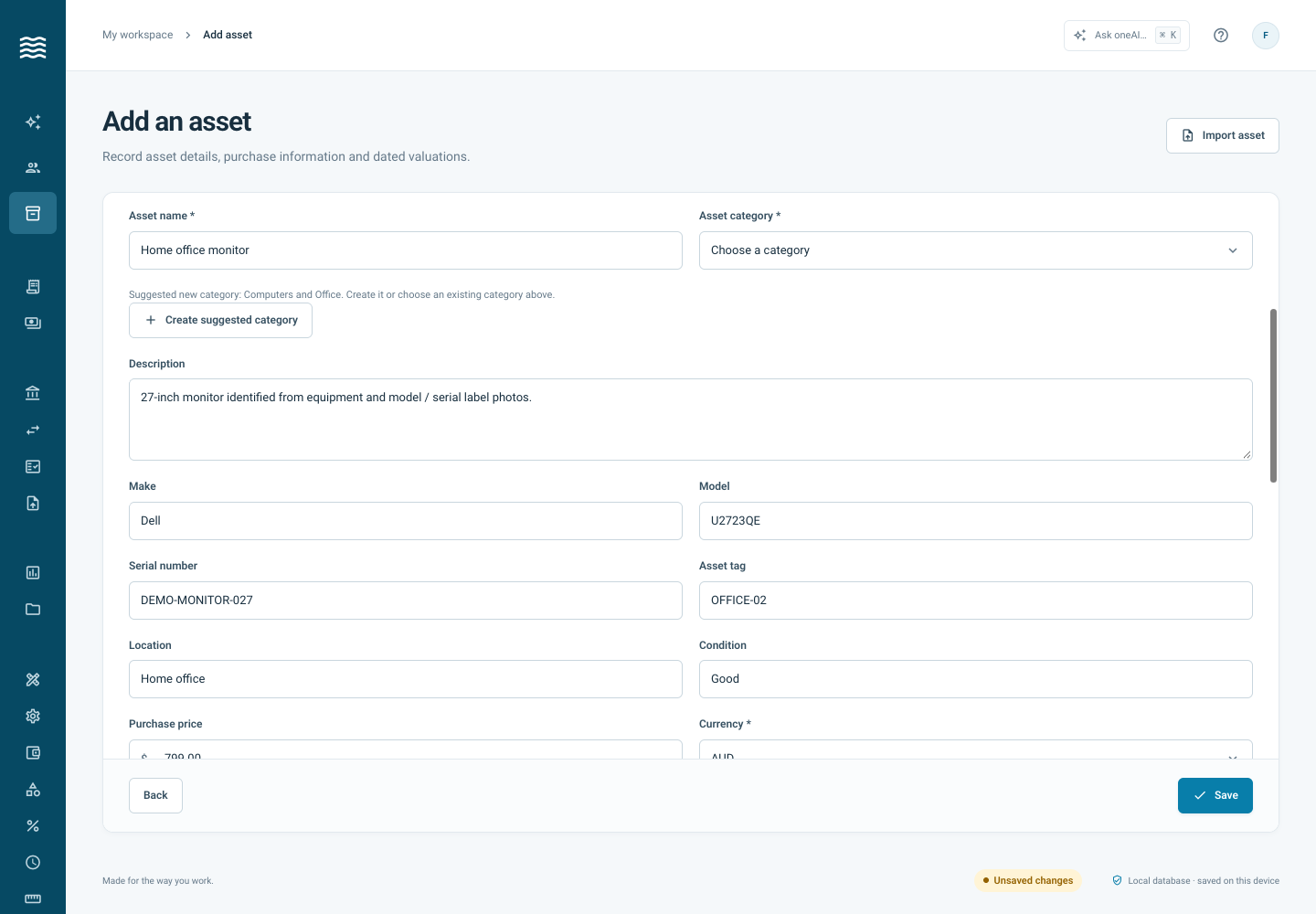 Actual oneFlow asset import review with equipment details prepared for checking.