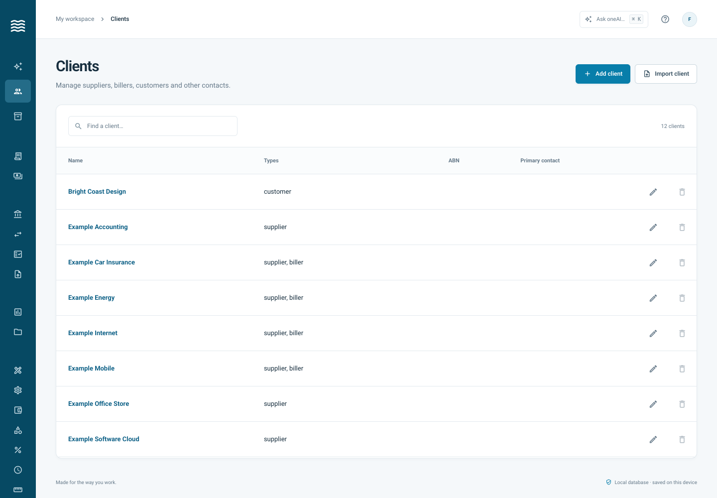 Actual customer and supplier directory with fictional contacts.
