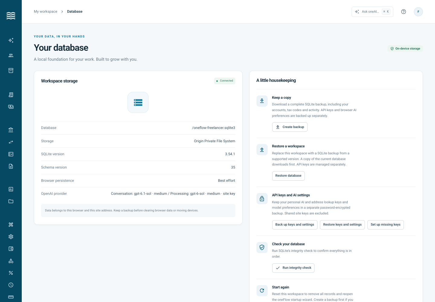 Actual Database screen showing storage status and backup tools.