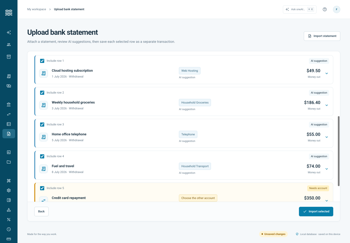 Actual oneFlow credit card statement import review screen.