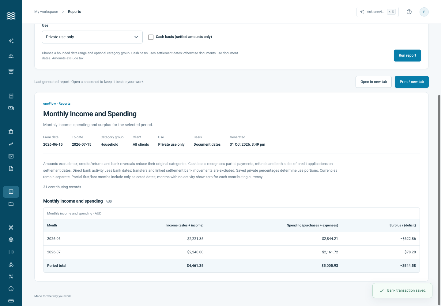 oneFlow tutorial screenshot comparing fictional household income and spending in June and July 2026